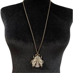 Beetle Pendant Necklace Antique Gold Tone Faux Pearl Detail Rhinestone Inlay